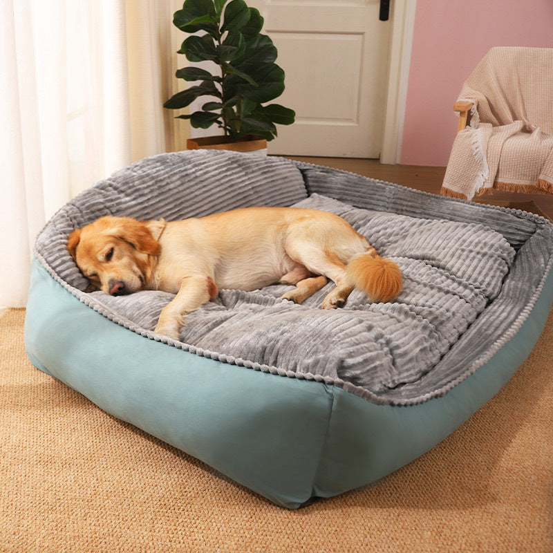 Orthopedic Mint Green and Grey Corduroy Large Dog Bed in Cozy Living Room