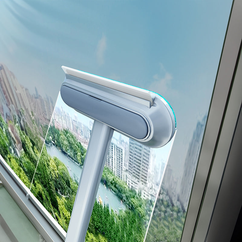 Dog hair cleaning tool window squeegee with blue rubber blade.