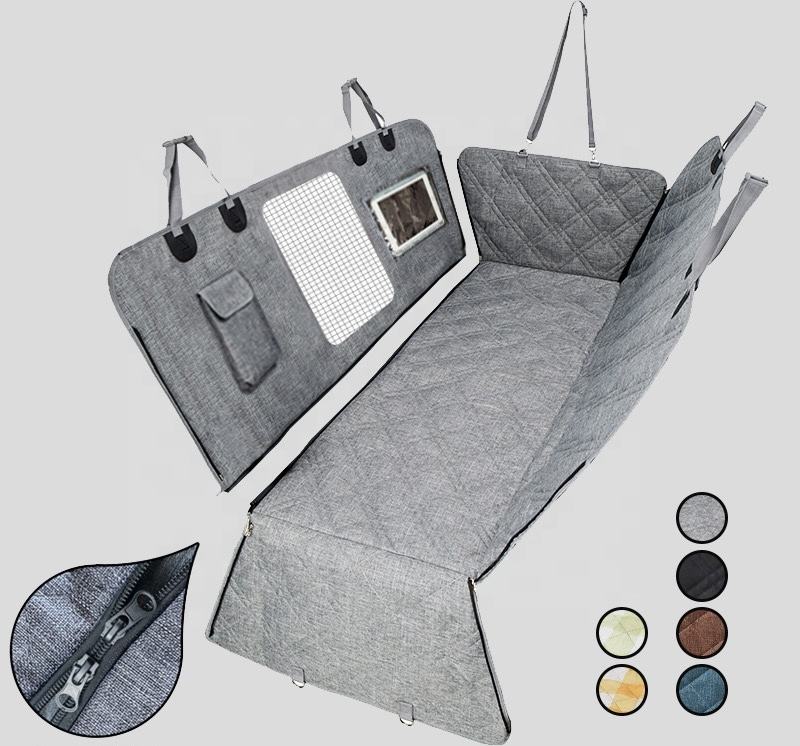 Gray convertible waterproof dog car seat cover hammock with mesh window and accessories