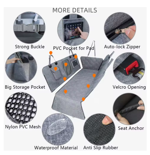 Quilted gray pet backseat cover graphic showing anti-slip backing, zippers, and heavy-duty buckles