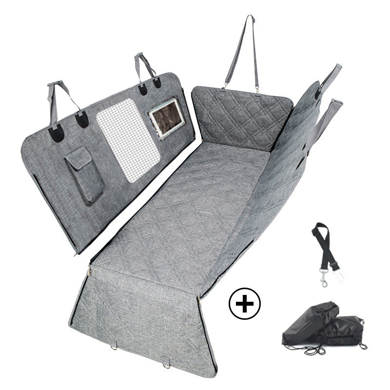 Grey waterproof dog car backseat cover bundle with two black drawstring storage bags