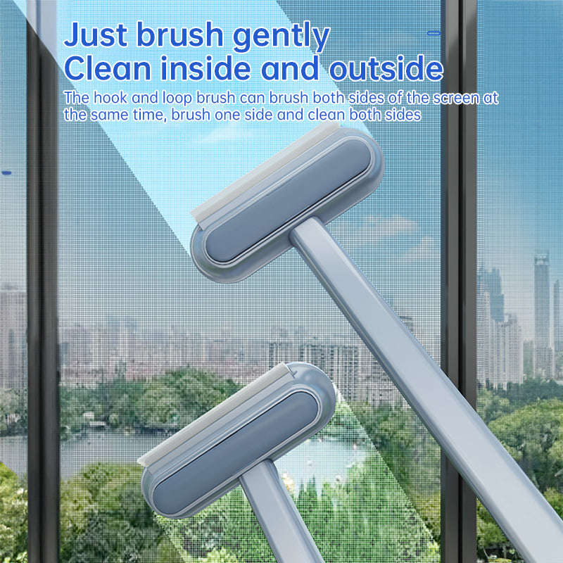 Dual-sided window screen pet hair remover brush shown with city skyline view.