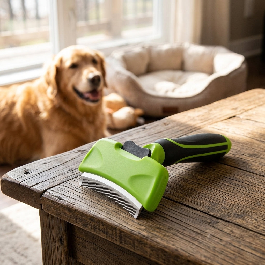 Lifestyle photo of the pet grooming brush resting on a wooden coffee table