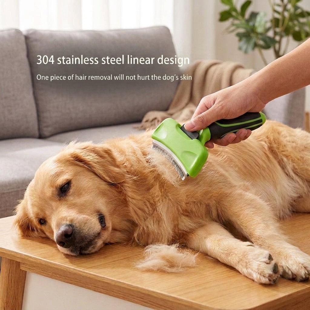 Lifestyle photo of the pet grooming brush being used on a dog with clean, small white benefit text overlaid on the couch background