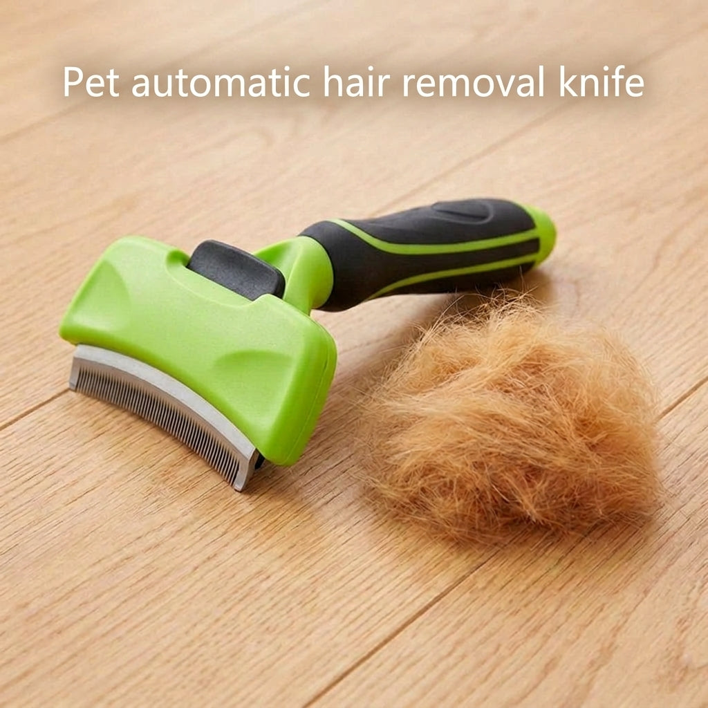 Lifestyle photo of the pet grooming brush resting on wooden floor next to removed fur with small white text overlaid on the background
