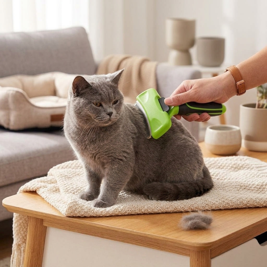Cozy lifestyle scene showing a British Shorthair cat being groomed with the brush