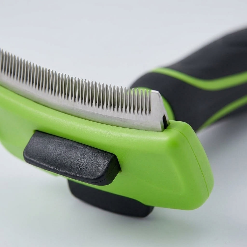 Detailed close-up shot of the stainless steel grooming teeth and ejector button