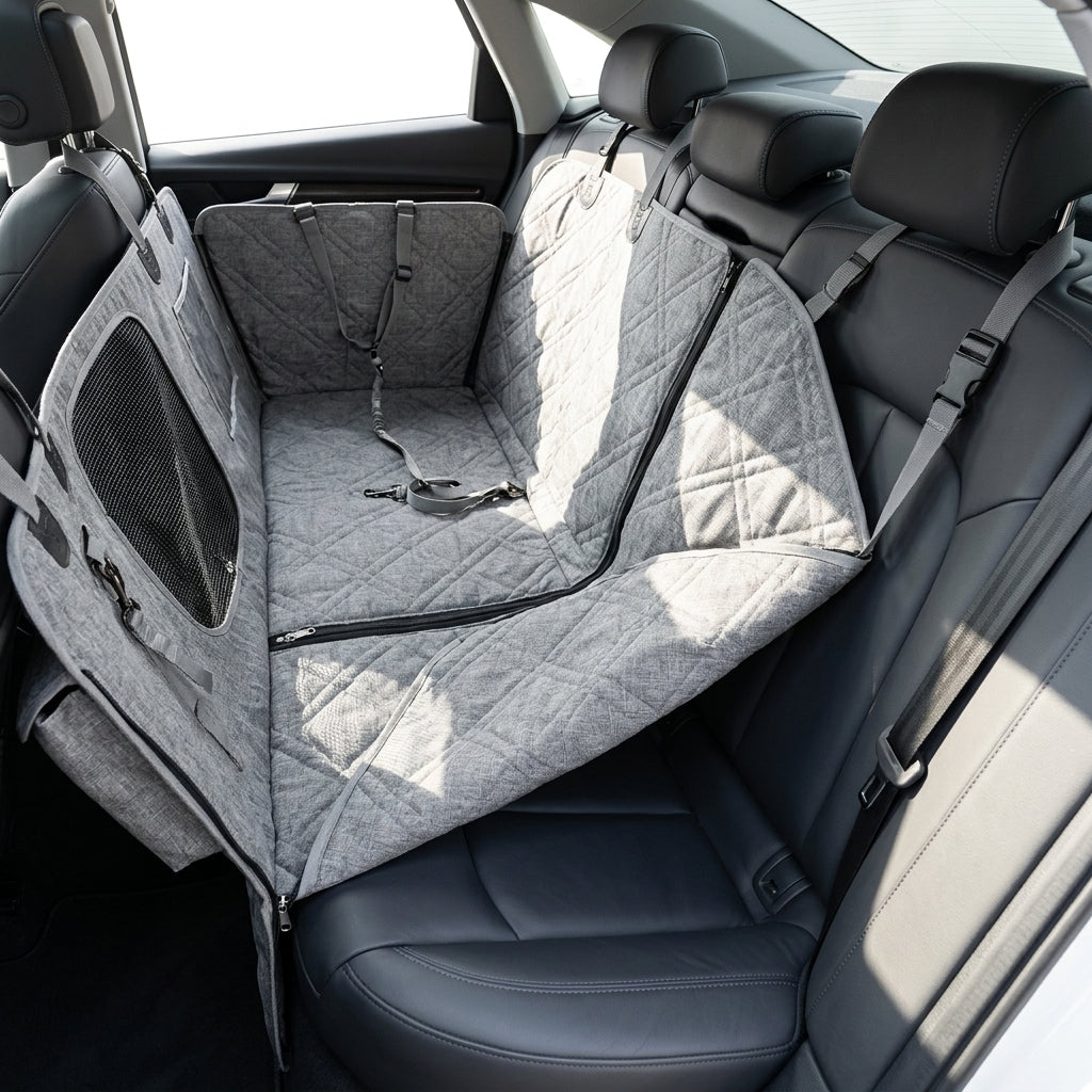 AI-generated lifestyle photo of the divisible dog car seat cover in a split-seat configuration