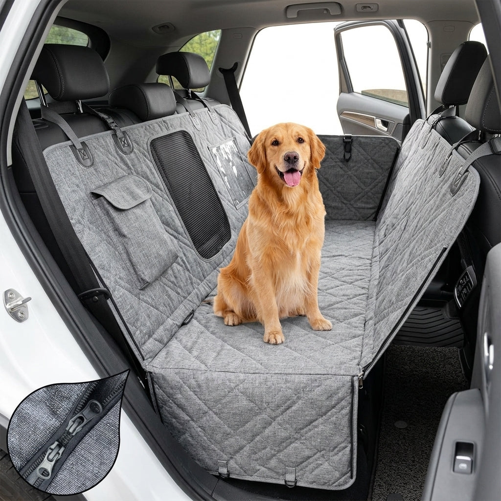 AI-generated lifestyle photo of the gray dog car seat cover installed in an SUV backseat with a Golden Retriever