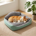 Pembroke Welsh Corgi sleeping in Orthopedic Mint Green and Grey Corduroy Dog Bed