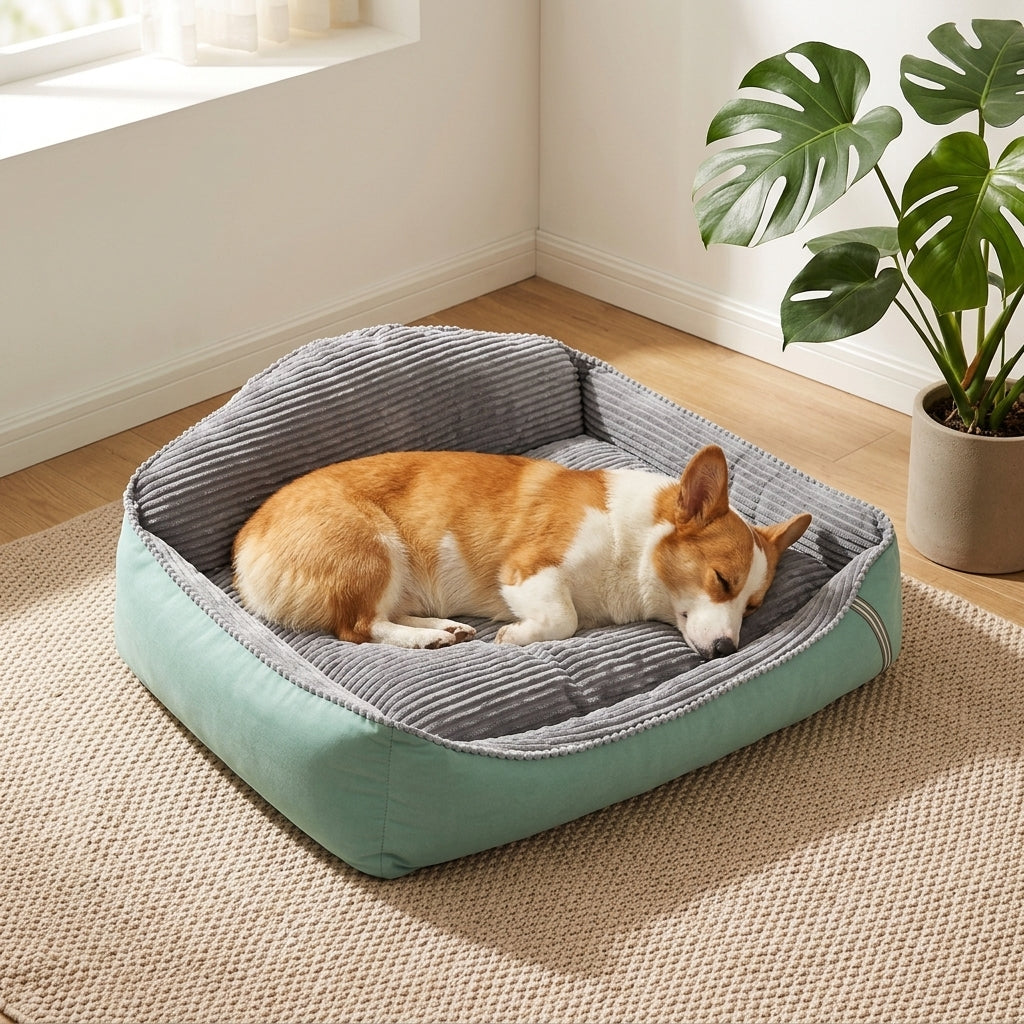 Pembroke Welsh Corgi sleeping in Orthopedic Mint Green and Grey Corduroy Dog Bed