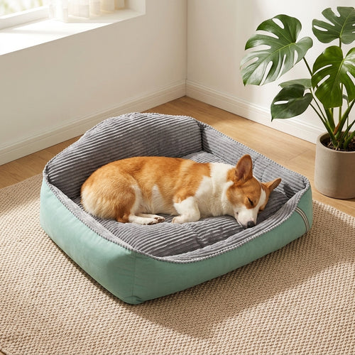 Pembroke Welsh Corgi sleeping in Orthopedic Mint Green and Grey Corduroy Dog Bed