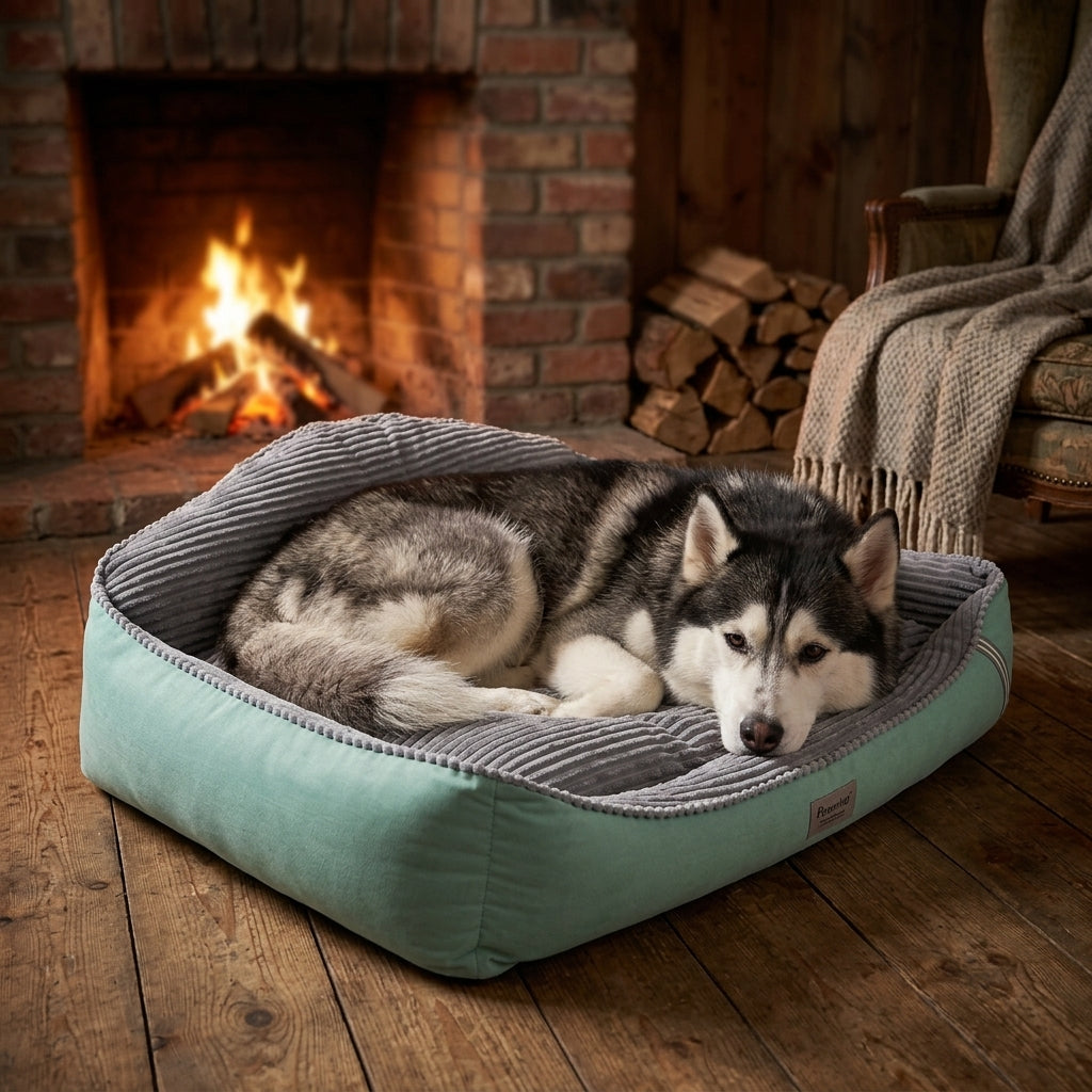 Siberian Husky resting in Orthopedic Mint Green and Grey Corduroy Dog Bed by fireplace