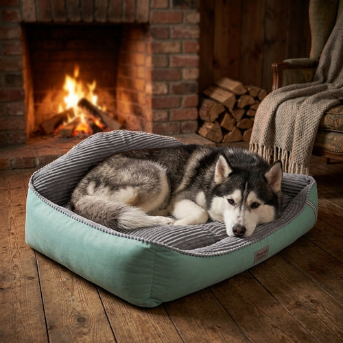 Siberian Husky resting in Orthopedic Mint Green and Grey Corduroy Dog Bed by fireplace