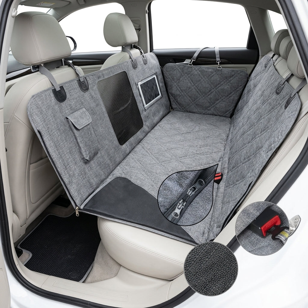 Divisible split-seat configuration showing the gray car seat cover shared with backseat passenger space