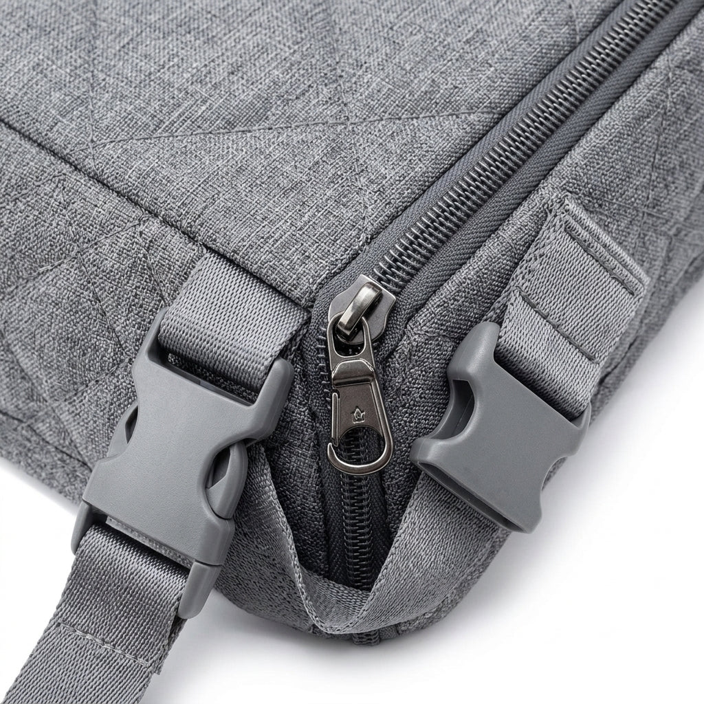 Detail close-up of the heavy-duty zipper and premium gray quilted Oxford fabric stitching