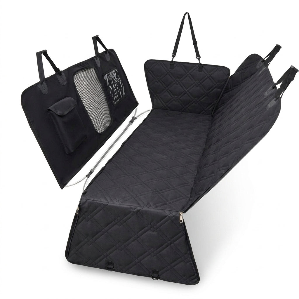 Professional studio main photo of the black diamond-quilted pet car seat cover