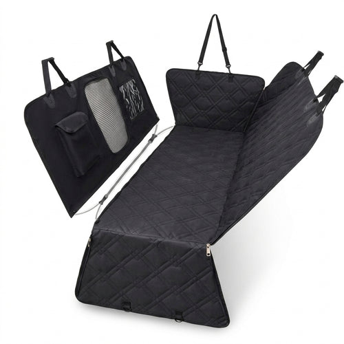 Professional studio main photo of the black diamond-quilted pet car seat cover