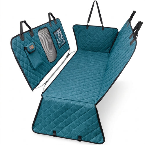 Professional studio main photo of the teal blue diamond-quilted pet car seat cover