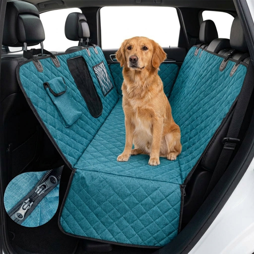 Dog sitting on the teal blue quilted pet car seat cover hammock in a car backseat