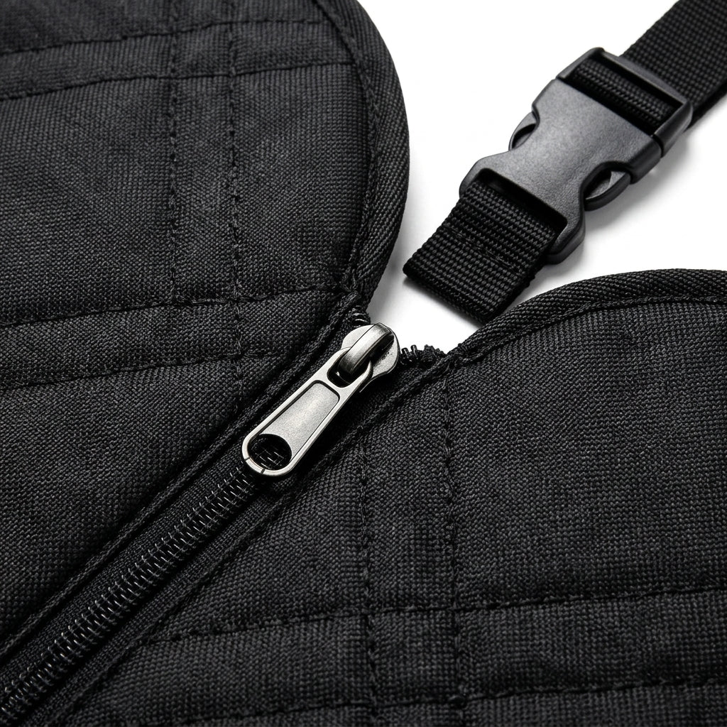 Close-up studio shot of the black quilted fabric pet seat cover showing premium texture and zip system