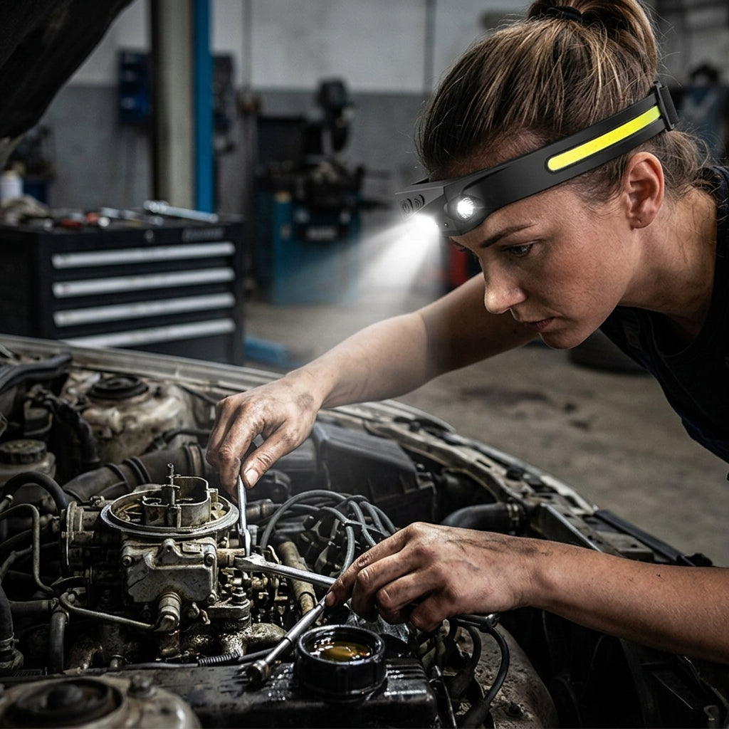 Smart Gesture Rechargeable COB Headlamp - Garage Mechanic Repair Lifestyle Scene
