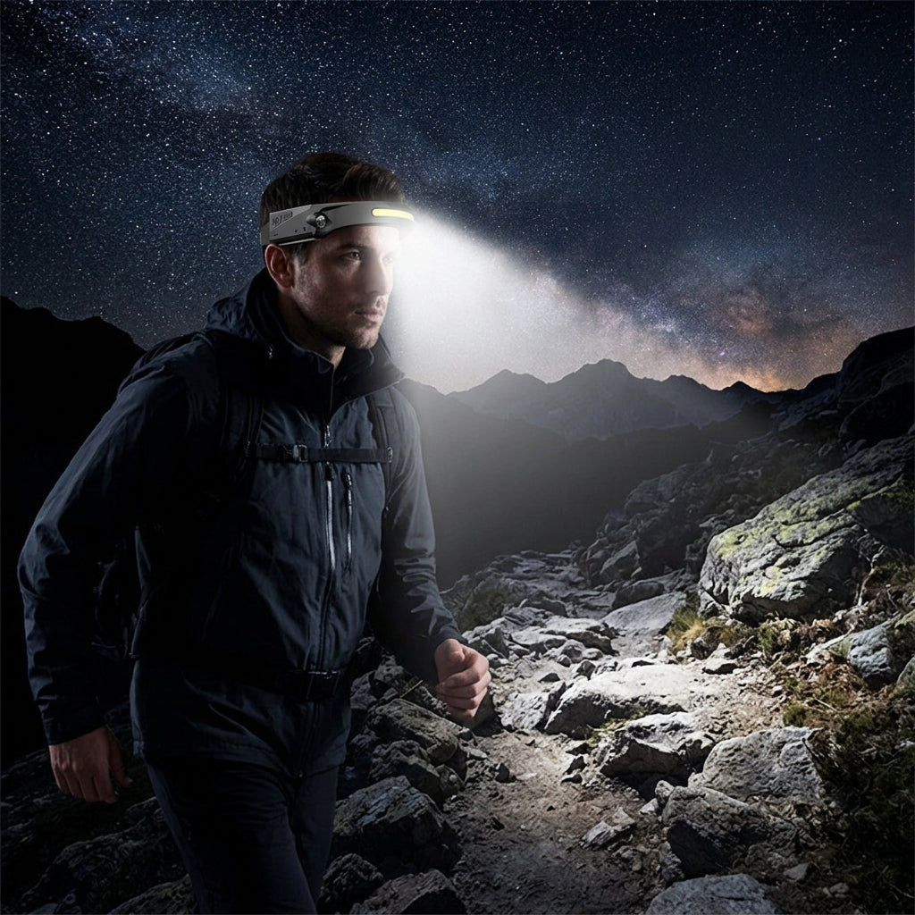 Smart Gesture Rechargeable COB Headlamp - Night Trail Hiking Lifestyle Scene