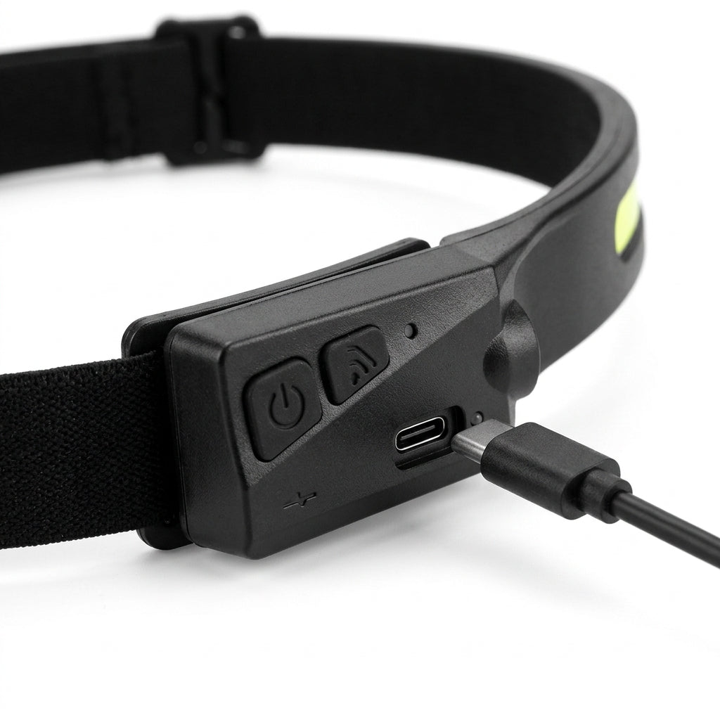 Smart Gesture Rechargeable COB Headlamp - Detailed USB-C Control Housing View