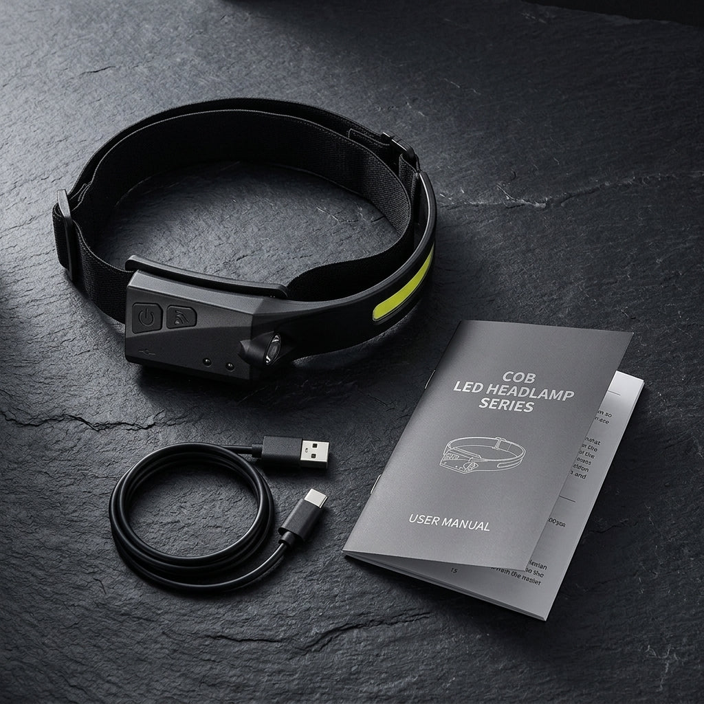 Smart Gesture Rechargeable COB Headlamp - Premium Flat-Lay Arrangement with Cable