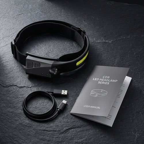 Smart Gesture Rechargeable COB Headlamp - Premium Flat-Lay Arrangement with Cable