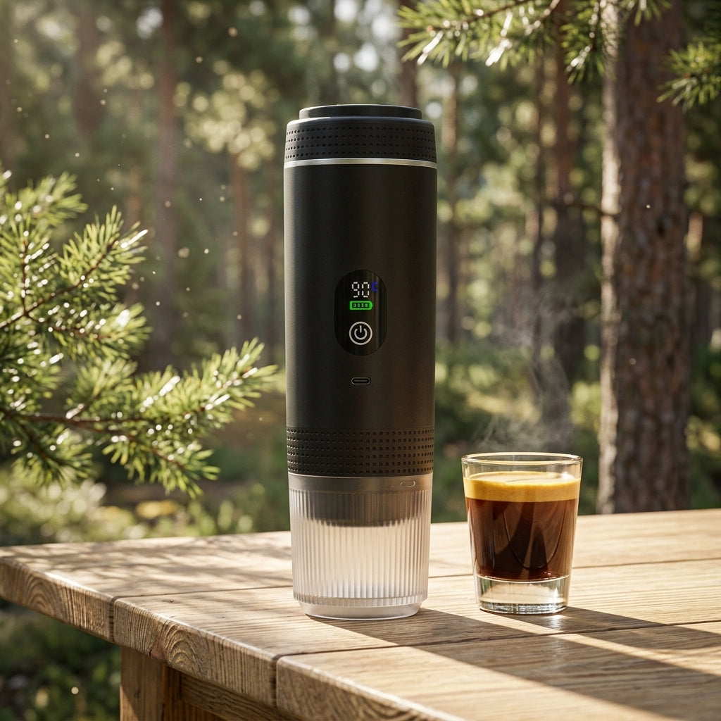 Portable travel espresso machine in a scenic forest camping setting next to fresh coffee