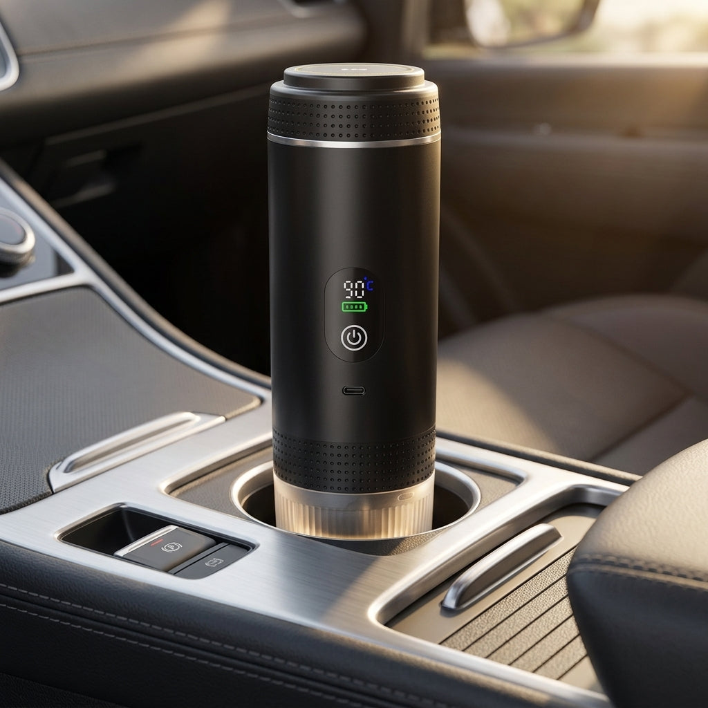 Sleek black electric espresso maker sitting in a modern car console cup holder