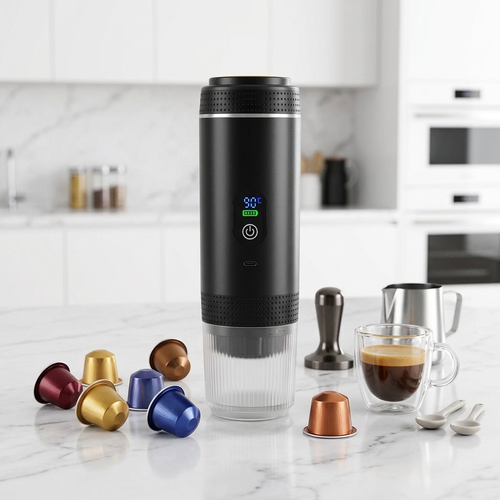 3-in-1 portable espresso machine on a marble kitchen counter with capsules